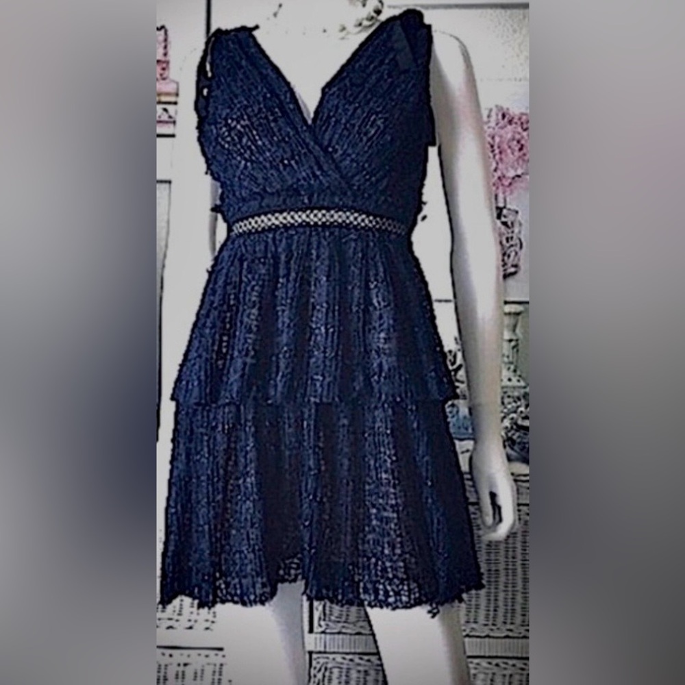 Self-Portrait Midnight Blue Lace Midriff Mini Dress Tiered Ruched Low Cut size 4